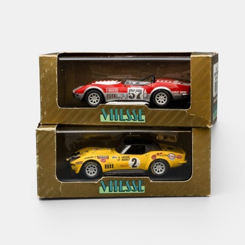 CORVETTE: A pair of 1:43 scale Vitesse race car models, a 1968 Chevrolet Corvette #2 in yellow Le Mans 1968, also a 1971 Chevrolet Corvette #57 in red Daytona 1971