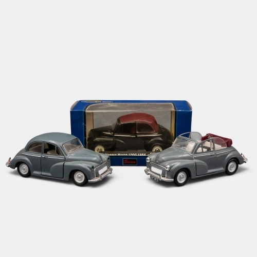 MORRIS MINOR: A trio of Saico Morris Minor models, a boxed black convertible, also two loose light grey models, one 2 door and one convertible