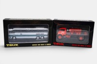 DENNING: A pair of Trux scale models, a 1:76 scale 1980 Denning Mono coach in Driver bus lines livery, model number TX16, also a 1:50 scale 1940's Chevrolet Blitz fire fighting tanker, model number TX8