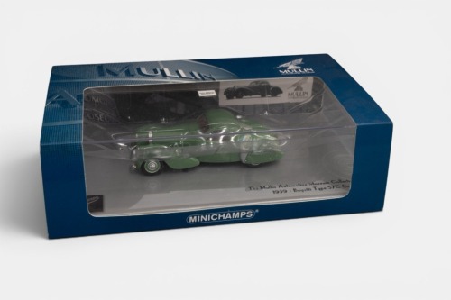 9 · BUGATTI: A 1:43 scale Minichamps 1939 Bugatti type 57C coupe model, finished in green paintwork, part of the Mullin Automobile museum collection, limited edition, model number 437 110120