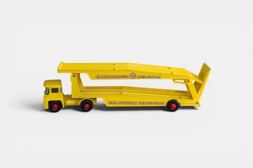 GUY WARRIOR: A Guy warrior car transporter model, made by Matchbox, part of the King Size range, model number K-8, finished in yellow paintwork with the Farnborough Measham livery