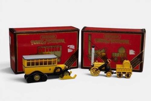 SCANIA STEPHENSONS ROCKET: A pair of Matchbox models of yesteryear, a 1829 Stephensons rocket and a 1923 Scania post bus