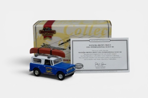 INTERNATIONAL: A 1961 International Scout 80 model, finished in the Mataura brown trout livery, made by Matchbox collectibles, model number YYM38054