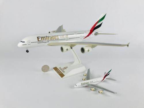 EMIRATES AIRBUS A380: 2 models (longest 38cm): A 1:200 scale resin model, registration 'A6-EDA', on stand with wheels. And A 1:500 scale metal model on wheels, registration 'A6-EDA'