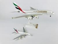 EMIRATES AIRBUS A380: 2 models (longest 38cm): A 1:200 scale resin model, registration 'A6-EDA', on stand with wheels. And A 1:500 scale metal model on wheels, registration 'A6-EDA' - 2