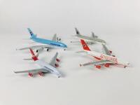 AIRBUS A380: 4 models (longest 18cm): all approximately 1:500 scale metal models on wheels, Kingfisher, registration 'VT-KIN', Qatar Airways, Virgin Atlantic, Korean Air, regisration 'HL7612'. - 2