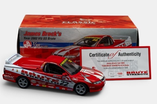 291 · HOLDEN: A 1:18 scale Classic Carlectables model car, this is a Holden VU SS Commodore ute as raced during the 2002 V8 super ute championship series, the number 22 James Brock, team Brute strength liveried race car, limited edition 0847/1500 pieces produced, model number 18052