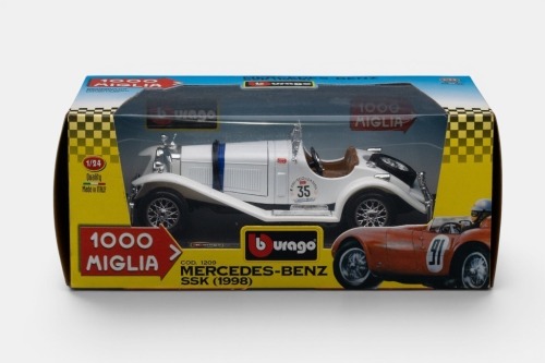 321 · MERCEDES BENZ: A Bburago 1:24 scale 1928 Mercedes Benz SSK model, the number 35 race car in rally livery, finished in white paintwork with brown interior, part of the 1000 Miglia collection, model number 1209