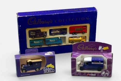 CADBURY: A group lot of models, comprising of a 6 piece box set, also 2 Morris vans, all bearing the Cadbury's livery