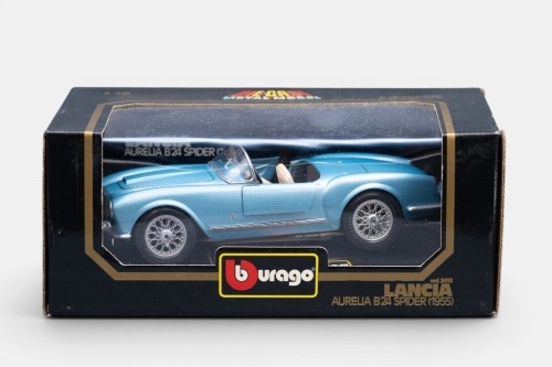 LANCIA: A Bburago 1:18 scale 1955 Lancia Aurelia B24 spider model, finished in blue paintwork with cream interior, model number 3010