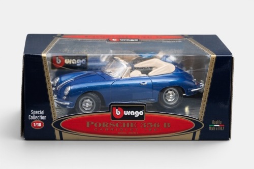 PORSCHE: A Bburago 1:18 scale 1961 Porsche 356B cabriolet model, finished in blue paintwork with cream interior, part of the special collection, model number 3051