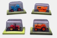 FRENCH TRACTORS: Four Hachette Partworks 1:43 scale French tractor models including 1948 Hotchkiss30/40, 1952 OM 35/40 R, 1954 Babiole Super Babi 203, 1959 Bobard BB-VW, all mounted onto black display bases, in original packaging