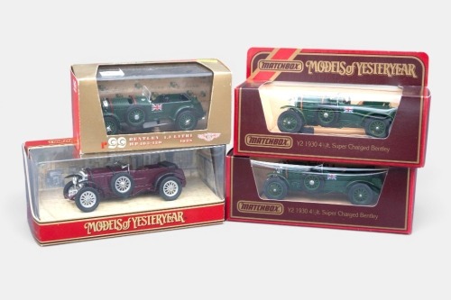 287 · BENTLEY: A group lot of 4 1:43 scale Bentley models, a 1928 Bentley 4.5 litre in green by Brumm model number R99, model loose in box, also 3 1930 Bentley 4.5 litre models by Matchbox models of yesteryear