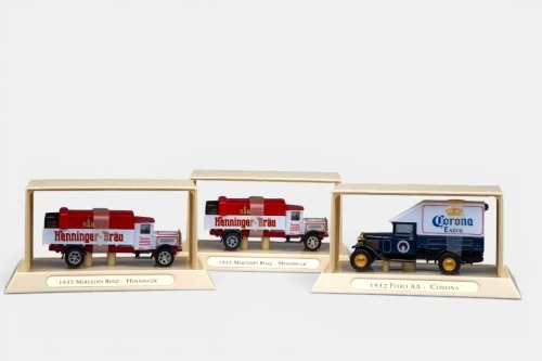 FORD MERCEDES: A trio of Matchbox models of yesteryear, a 1932 Ford AA van, also 2 1932 Mercedes Benz L5 trucks, all part of the great beers of the world series of models, the models are all in the original packaging