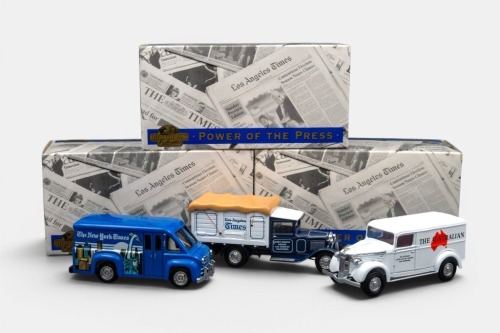 CHEV DODGE FORD: A trio of Matchbox models of yesteryear, a Dodge route van, a 1932 Ford AA truck, a 1937 GMC van, all part of the power of the press series of models, the models are all in the original packaging