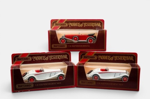 MERCEDES BENZ: A trio of Matchbox models of yesteryear models, a 1928 Mercedes Benz SS, also 2 1938 Mercedes Benz 540K models