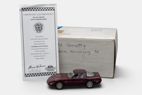 CORVETTE: A Matchbox collectibles model, of a 1993 Chevrolet Corvette, 40th anniversary edition, finished in maroon paintwork, model number CCV02-M
