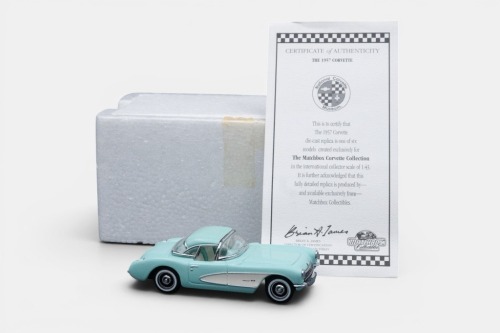 CORVETTE: A Matchbox collectibles model, of a 1957 Chevrolet Corvette hardtop convertible, finished in light blue paintwork, model number CCV03-M