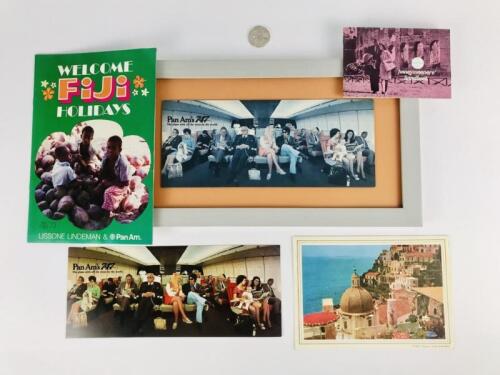 PAN AM PRINTED ITEMS:Five items: Framed Pan Am 747 marketing 1970's, Unframed Pan Am marketing 1970's, Pan Am 1965 Rainbow Service first class inflight menu, Pan Am 1965 Honeymooners Handbook, 1972/73 Lissone Lindeman and Pan Am Fiji Holiday promotion br