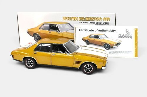 HOLDEN HQ: A Classic Carlectables 1:18 scale Holden HQ Monaro GTS model, finished in sunburst metallic black with white stripes paintwork, limited edition 1710/2250 pieces