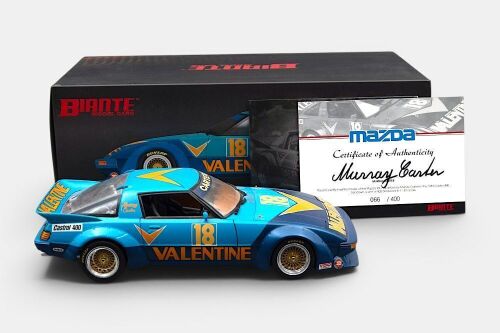 MAZDA: A 1:18 scale Biante model cars model, this is the Mazda RX7 as raced at the 1983 Castrol 400, the number 18 Murray Carter, Valentine liveried race car, comes with a limited edition signed certificate 066/400 pieces produced, model number BNJ0003