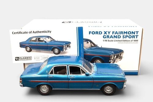 FORD XY: A Classic Carlectables 1:18 scale Ford XY Fairmont grand sport model, finished in electric blue paintwork, limited edition 0700/1000 pieces, model number 18572, displays and sits perfect but has a front suspension issue