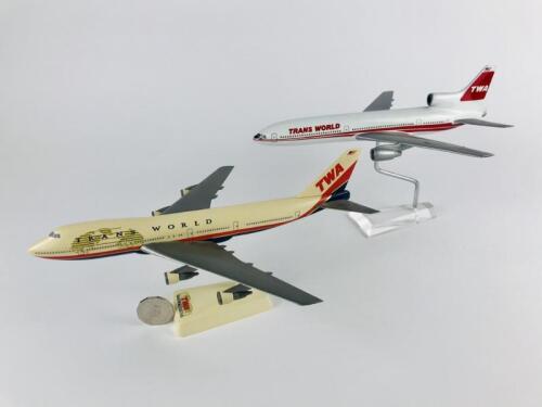 TRANS WORLD: Two models: A 1:200 scale (28cm long) TWA Boeing 747-400 plastic model, and A 1:200 scale TWA DOUGLAS DC10 wooden model