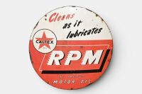 CALTEX: A large circa 1960s Caltex RPM enamel circular metal sign, 90cm diameter
