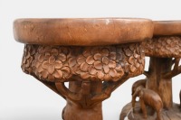 SIDE TABLES: Two solid timber carved side tables/stools featuring elephants, 48cm high, 39cm diameter - 3