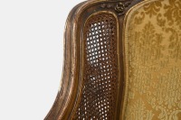 BERGERE: A pair of Louis XVI style carved giltwood and caned bergere, upholstered in gold brocade - 4