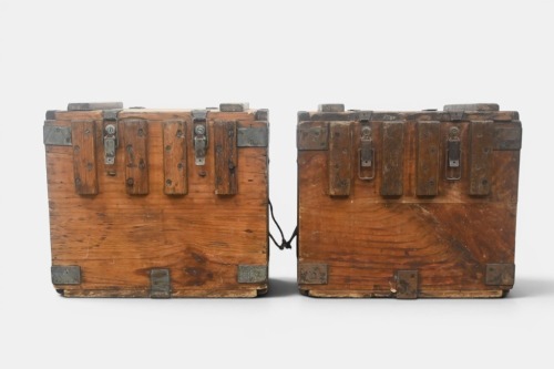 AMMUNITION BOXES: A pair of vintage military pine and hardwood ammo boxes 43cm high, 46cm wide 32cm deep