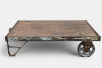 CART: A vintage industrial iron and wood trolley cart, 31cm high, 122cm wide, 85m deep