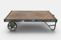 CART: A vintage industrial iron and wood trolley cart, 31cm high, 122cm wide, 85m deep - 3