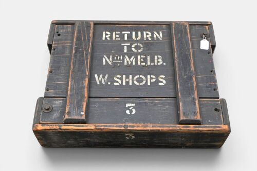 BOX: An early 20th century industrial hardwood box, stencilled to front "Return to Nth Melb Workshops"