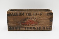 VACUUM OIL CO: A small Vacuum Oil Company wooden box, 16cm high, 34.5cm wide