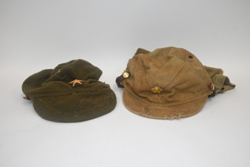 WWII: A Japanese WWII wool field army cap and a reproduction Japanese WWII style cotton cap with ear flaps