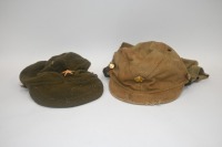 WWII: A Japanese WWII wool field army cap and a reproduction Japanese WWII style cotton cap with ear flaps