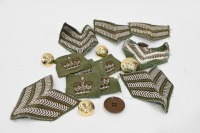 UNIFORM ITEMS: A group of army/military rank insignia patches, including chevrons and crowns, also includes a small selection of buttons