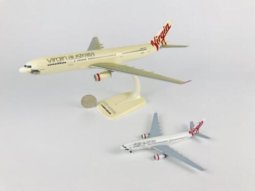 VIRGIN AUSTRALIA AIRBUS A330-200: Two models (longest 30cm): A 1:200 scale plastic model on stand, and A 1:400 metal model on wheels, both registration 'VH-FXA'