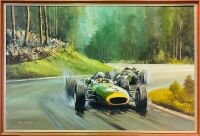 DION PEARS: An original oil on canvas painting by Dion Pears depicting Jack Brabham winning the 1966 German Grand Prix, signed by the artist, 91cm x 60cm