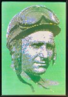JUAN MANUEL FANGIO: A framed portrait of Fangio mounted on corflute, 56cm x 82cm