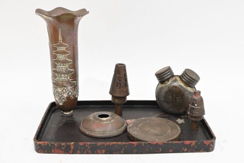 JAPAN: A group of Japanese WWII-related items, including a lacquer tray, a memorial vase, a small canister, and others