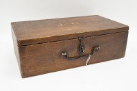 TIMBER BOX: A mid size timber box with 'R.T." on lid, with metal handle & latch, 14.5cm high, 45cm wide, 25cm deep