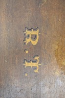 TIMBER BOX: A mid size timber box with 'R.T." on lid, with metal handle & latch, 14.5cm high, 45cm wide, 25cm deep - 3