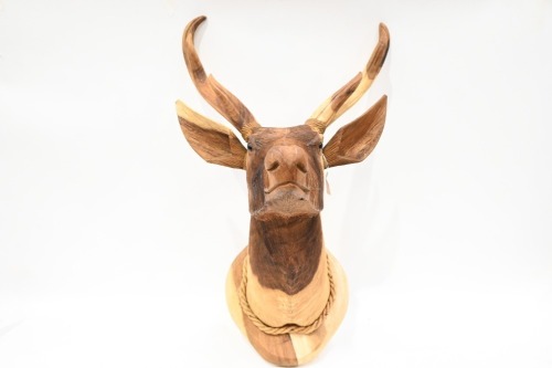 DEER: A solid timber carved deer head with antlers, approx. 74cm high, 52cm deep