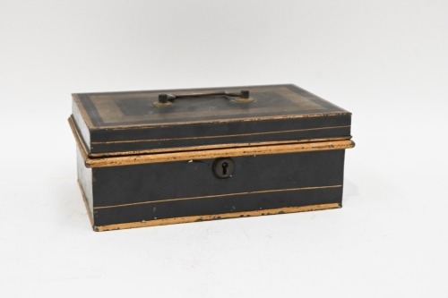 SAFE BOX: An antique metal safe box with key, 10cm high, 24cm wide