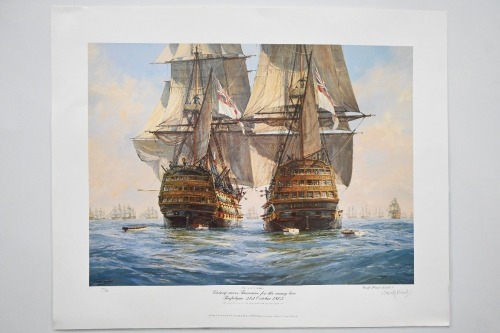 LORD NELSON: A large limited eition print (344/850) by Geoff Hunt titled 'Nelson's Ships - Victory Races Temeraire for the Enemy Line Trafalgar, 21st October 1805' with COA