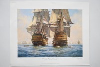 LORD NELSON: A large limited eition print (344/850) by Geoff Hunt titled 'Nelson's Ships - Victory Races Temeraire for the Enemy Line Trafalgar, 21st October 1805' with COA