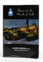 LAURIE WOODS: 'Flying into the Mouth of Hell' by Laurie Woods, DFC, 460 Squadron R.A.A.F, softcover book, with personal message & signature from the author