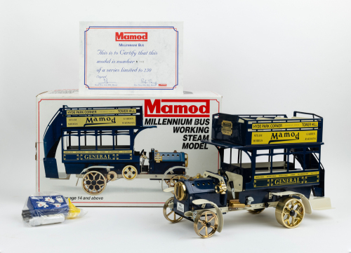 MILLENNIUM BUS: A limited edition (142/250) Mamod Millennium Bus working steam model MB1 in blue, within box, as new condition, 47cm long